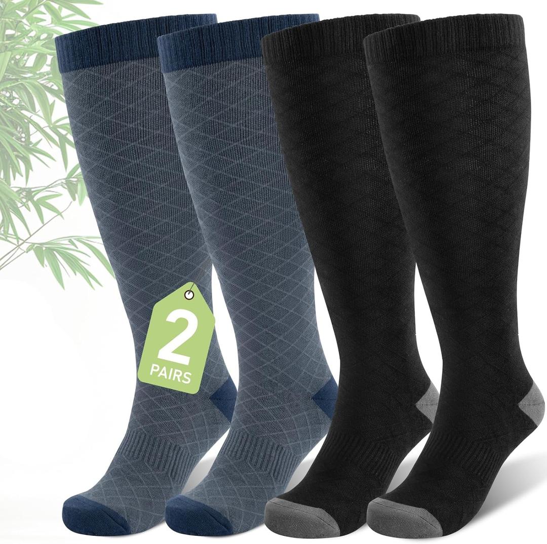 SONORAN Plus Size Compression Socks for Women Wide Calf (2 Pairs) 15-20mmHg Bamboo Viscose Knee High Sock Support for Nurses Pregnancy Travel XL（Black&Blue）