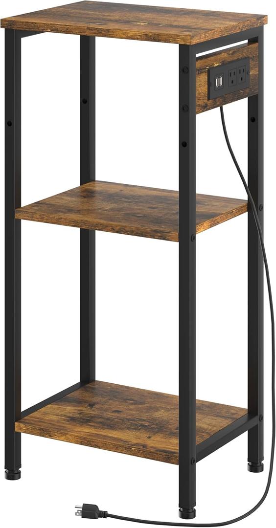 Tall End Table with Charging Station, 3 Tier Narrow Tall Nightstand with Storage, Slim Side Table with USB Ports and Outlets for Bedroom, Living Room, Office, Rustic Brown and Black