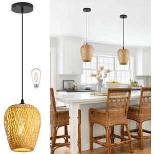 Wicker Pendant Lights Bamboo Pendants Light Boho Chandelier Rattan Pendant Wicker Light Fixture Woven Pendants Lights for Kitchen Island Living Room Dining Room (Bulb Incl.)