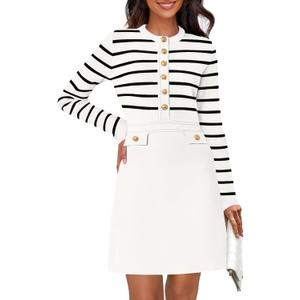 MEROKEETY Women's Long Sleeve Striped Sweater Dress Button Crewneck Fall Bodycon Formal Mini Dresses (White, XL)