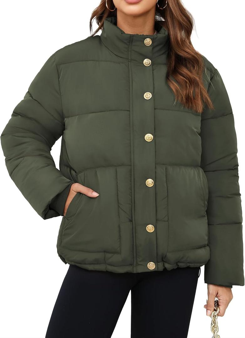 Funlingo Women's Cropped Puffer Jacket Winter Stand Collar Zip Up Snap Button Warm Lightweight Short Quilted Coat (Green, XS)