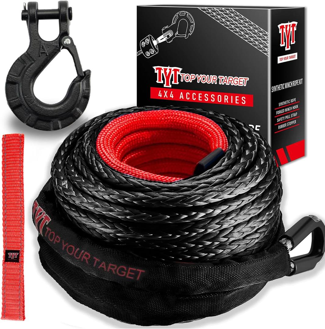 TYT Synthetic Winch Rope Kit - 3/8" x 92' with 27000 lbs Strength, Protective Sleeve, Heavy Duty Hook and Safety Pull Strap for Off-Road 4x4 Vehicles (Black)