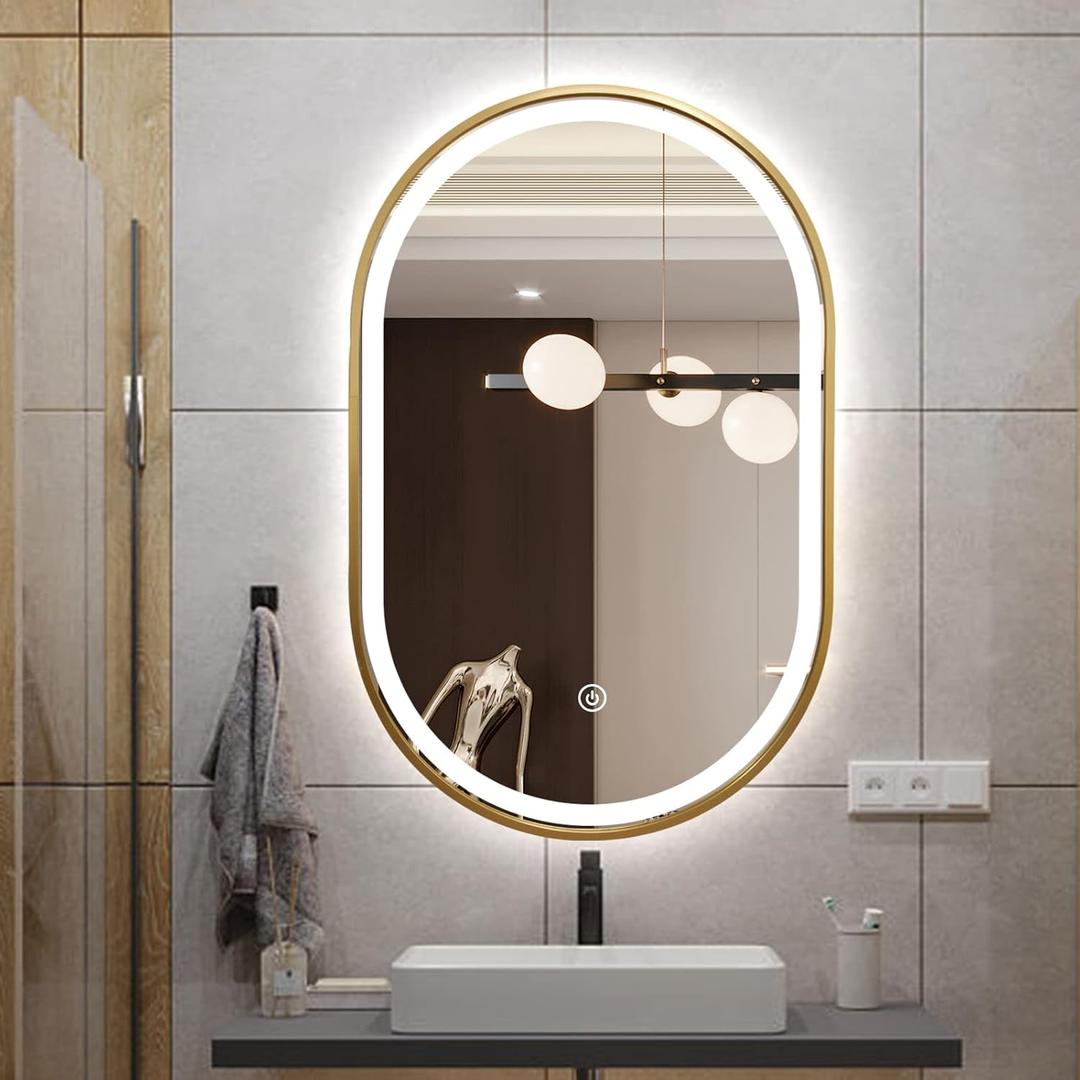 40"x24" Oval LED Bathroom Mirror, Oval Lighted Vanity Bathroom Mirror with Gold Frame Anti Fog Smart Mirror with 3 Colors Dimmable for Makeup, Frontlit, Waterproof Horizontal/Vertical