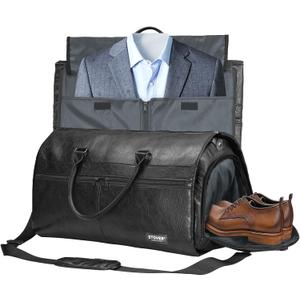 STOVER Garment Travel Duffle Bag, Large 2-in-1 Convertible Carry-on Luggage for Men & Women- Hanging Suits, Dresses & Clothes + Shoe Compartment- Weekender Tote Combo Duffel (Black Leatherette)