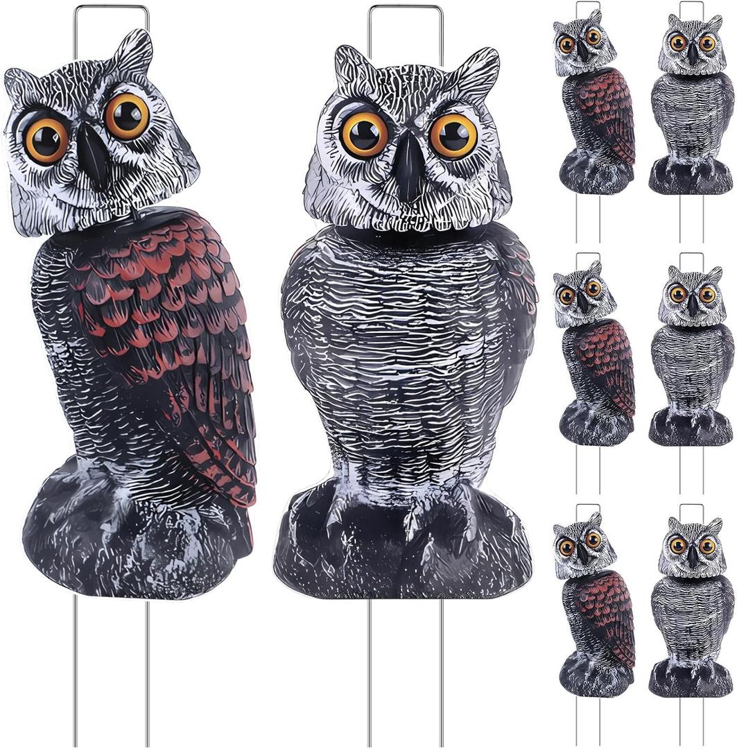 8 Pack Owl Decoys to Scare Birds Away, Fake Owls Scarecrow Yard Lawn Sign with Stakes Pest Repellent Bird Deterrents Waterproof Plastic Owls Decorations for Gardens Patio Outdoor(2 Pattern)