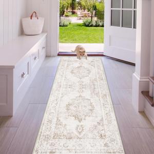 Area Rug 2x6 Runner Rug: Washable Vintage Hallway Rugs Indoor Medallion Rug Low Pile Distressed Floor Carpet Retro Accent Rugs for Kitchen Bedroom Bathroom Dining Room(Beige, 2'x6')