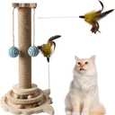 Cat Scratching Post, 4 in 1 Wooden Cat Scratcher Toy, 18" Tall Scratch Post with 2 Level Cat Track Balls, 2 Interactive Cat Feather Toys and 2 Sisal Hanging Balls for Indoor Kittens, Adult Cats