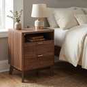 LYNCOHOME Fluted Nightstand with Charging Station, 19.7 inch Wide End Table with 2 Drawers, Modern Wood Bedside Table for Bedroom,Brown,1 Pcs (Walnut)