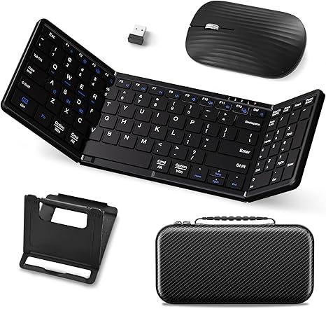 JPHTEK Foldable Keyboard and Mouse, USBC Rechargeable Folding Wireless Bluetooth Keyboard Combo, FullSize Portable Travel Keyboard & Mouse for Business Travel, Compatible with Laptop iPad Tablet