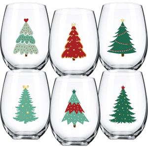Umigy Set of 6 Christmas Stemless Glass, 12 oz Christmas Winter Glassware Funny Holiday Glass Drinkware Mug Cup, Merry Xmas Gift for Holiday Festive Gatherings(Red Green Xmas Tree)