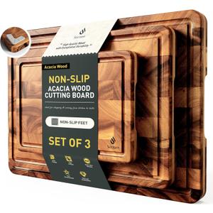 End Grain Cutting Board Set of 3 with Non-slip Feet, Reversible Acacia Wood Cutting Boards for Kitchen with Juice Grooves and Handles Non Toxic Chopping Board Butcher Block Serving Tray Kitchen Sets