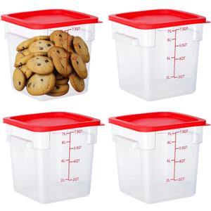 BIEAMA 4 Pack Food Storage Containers, 8 Quart with Lids, Square Commercial Containers with Scale, NSF, Polycarbonate, Clear