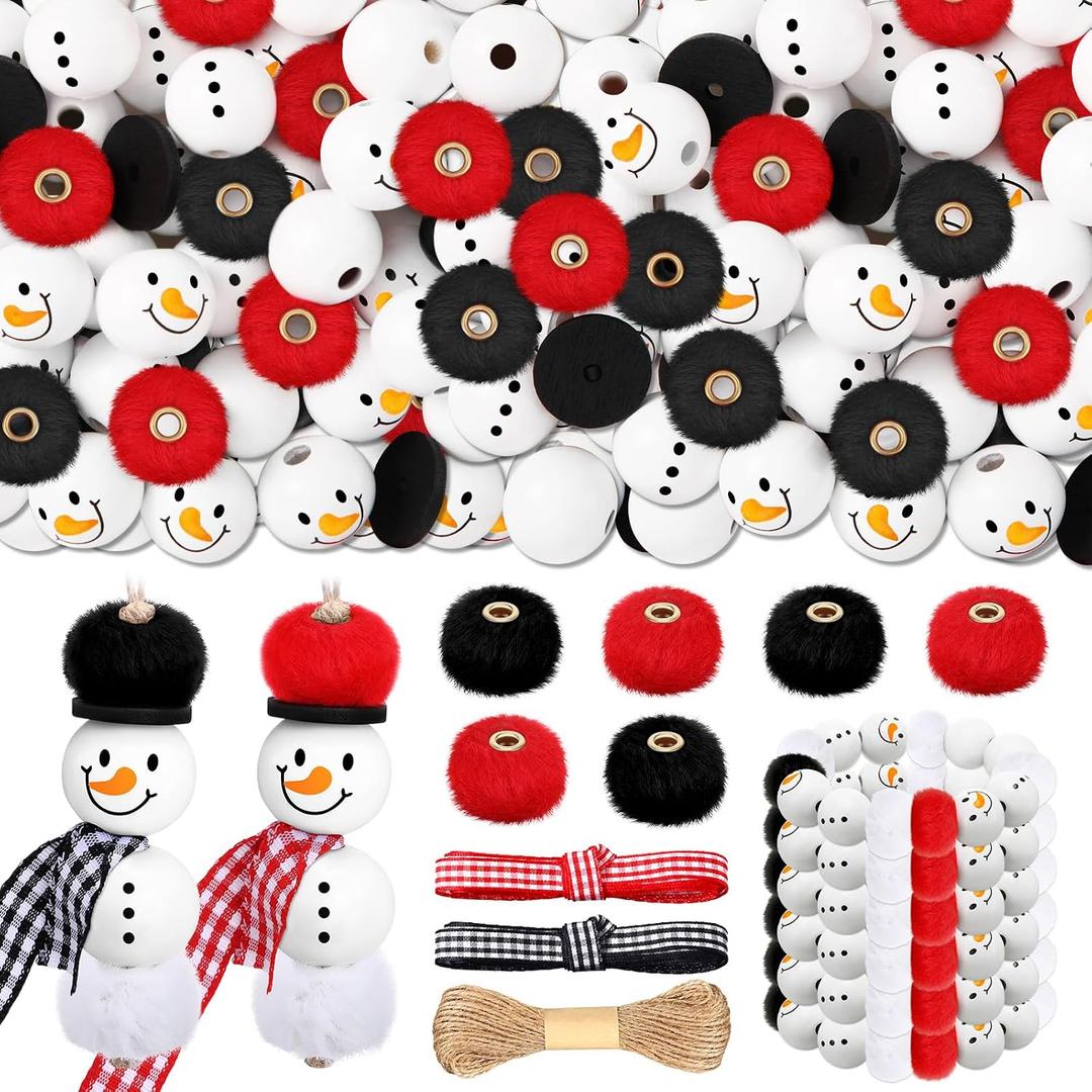 Amyhill 120 Pcs DIY Christmas Snowman Wooden Beads for Craft, Fuzzy Faux Fur Poms, Winter Wood Beads Buffalo Plaid Colorful Print with Twine, for Party Xmas Santa Tree Jewelry Home(Red Black)