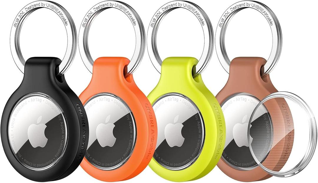 UNBREAKcable 360 Protective Holder for AirTag, [4-Pack] AirTags Keyring [Full Cover] [Scratch-Resistant] [Pefect Fit] [304 Stainless Steel] Keychain for AirTag TPU Case for Key, Luggage, Pet Collar (Black&orange&green&brown)