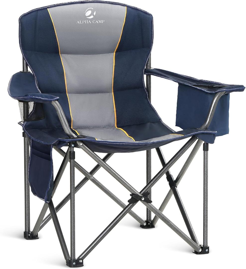 ALPHA CAMP Oversized Camping Folding Chair Heavy Duty with Cooler Bag Support 450 LBS Steel Frame Collapsible Padded Arm Quad Lumbar Back Chair Portable for Lawn Outdoor,Blue