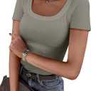 Women's Short Sleeve Tops Casual Scoop Neck Ribbed Knit Slim Fitted Basic Tee Shirts 2025 Summer Trendy Outfits (Large)