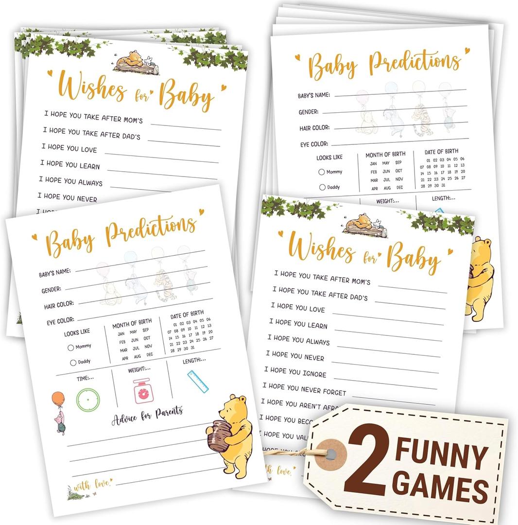 WOODAMORE Baby Prediction Cards - 30 Double-Sided Winnie Well Wishes Card, Guess The Due Date Classic Pooh Baby Shower Games for Gender Reveal Party Decorations