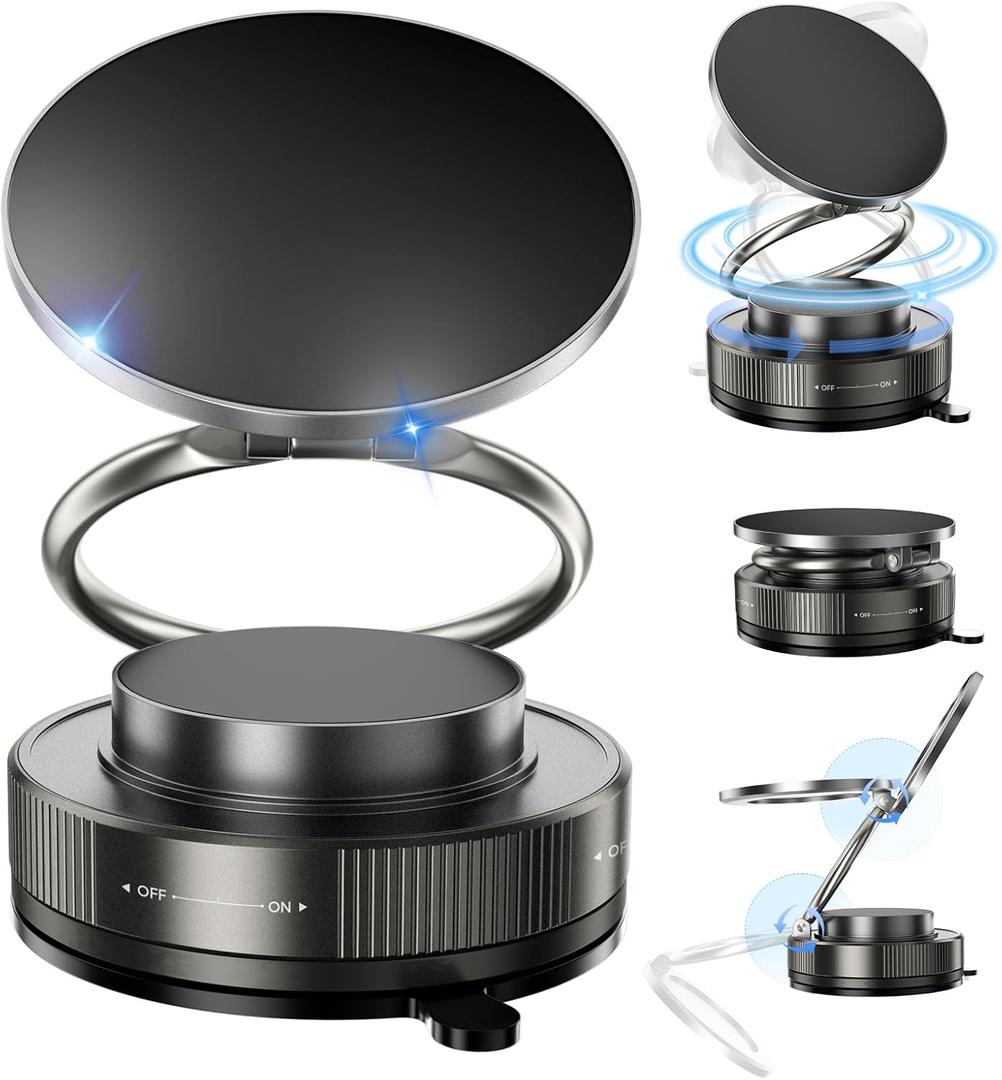 Vacuum Magnetic Phone Holder for Car,2800gf Strong Magnetic Phone Mount,360° Adjustable & Reinforced Suction Cup for Dashboard/Mirror,Car Phone Holder Compatible with iPhone Androi（Matte Black）