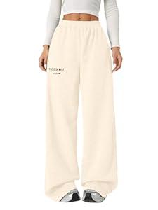 RoseSeek Girl's Baggy Sweatpants Letter Print High Waisted Wide Leg Pants Joggers Sweat Track Pants Trendy Apricot 12Y