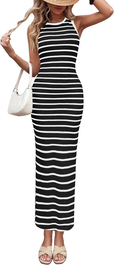 PRETTYGARDEN Sundresses for Women 2026 Summer Striped Knit Side Slit Spring Fashion Bodycon Maxi Dress Beach Vacation Clothes, M