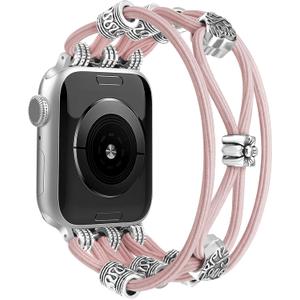 Beaded Bracelet Compatible with Apple Watch Band 41mm 38mm 44mm 42mm 45mm 46mm 49mm Women Boho Braided Solo Loop Nylon Stretchy Dressy Strap for iWatch Serie11/10/9/8/7/6/5/4 SE 3/2/1 Ultra (A Pink Sand)
