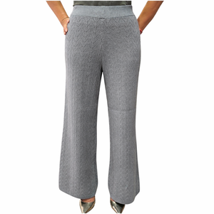Women's Knit Wide Leg Pants, Cable Pattern, Elastic Waist, Avalible in 4 Colors, Grey, One Size
