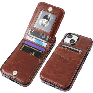 KIHUWEY Compatible with iPhone 15 Case Wallet with Credit Card Holder, Flip Premium Leather Magnetic Clasp Kickstand Heavy Duty Protective Cover for iPhone 15 6.1 Inch (Brown)