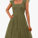 PRETTYGARDEN Womens 2025 Trendy Mini Summer Dresses Sleeveless Tulle Ruffle Square Neck Tiered Smocked Beach Vacation Dress Large, Army Green