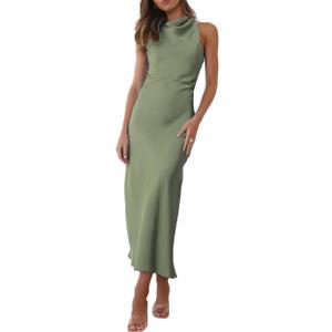 Halfisland Satin High Neck Backless Sleeveless Midi Dresses for Women Elegant Mock Neck High Waist Cross Back Cocktail Dress (Small, Sage)
