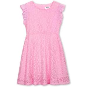 Girls Cotton Dress with Floral Mesh Flutter Sleeves Back Zipper for Kids Pink (Pink)