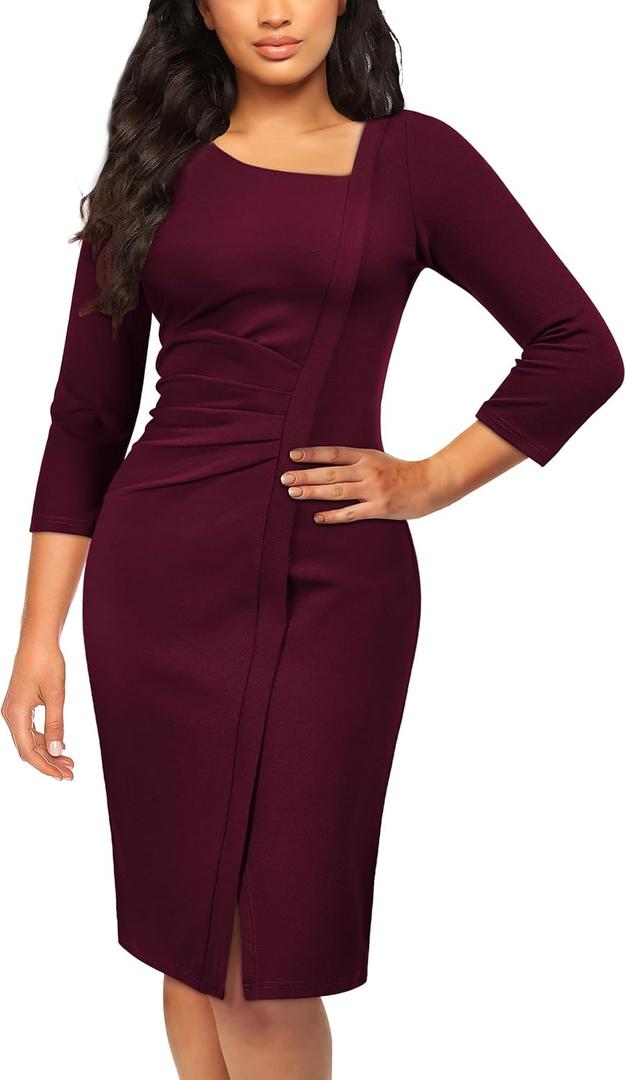 AISIZE Women's Retro 3/4 Sleeve Ruched Elegant Business Pencil Sheath Dress (L)