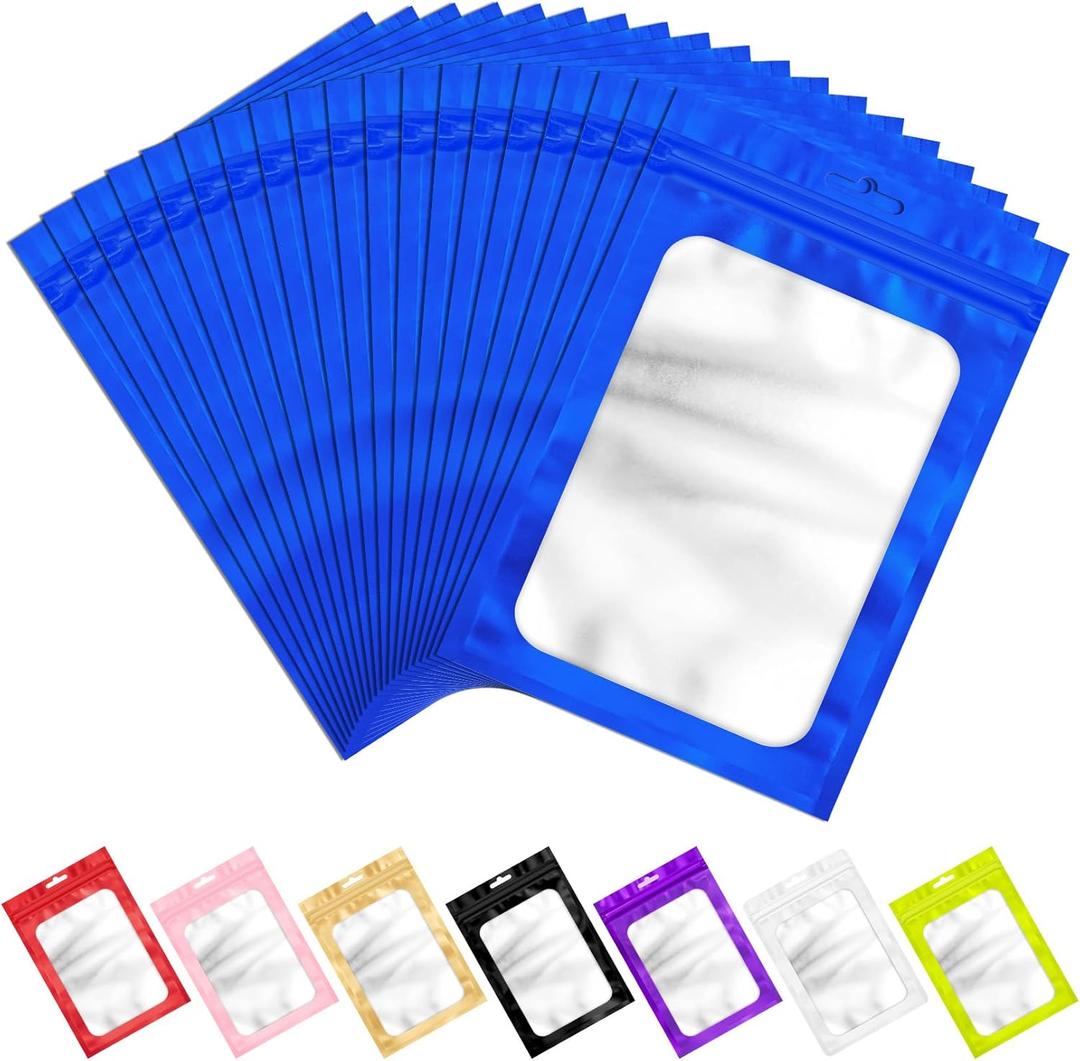 100 PCS Resealable Mylar Bags with Zip and Frosted Clear Window Packaging Bags Foil Pouch Zipper Bag for Food Self Sealing Storage Supplies (Blue, 2.753.93)