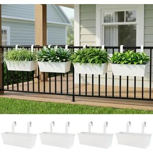 LaLaGreen Rail Planter (16 Inch, 4 Pack) Rectangular Metal Metal Hanging Flower Pots Railing Fence Balcony Gardening for Apartment Patio Planters Garden Style Iron Outdoor Deck Decoration Porch Decor