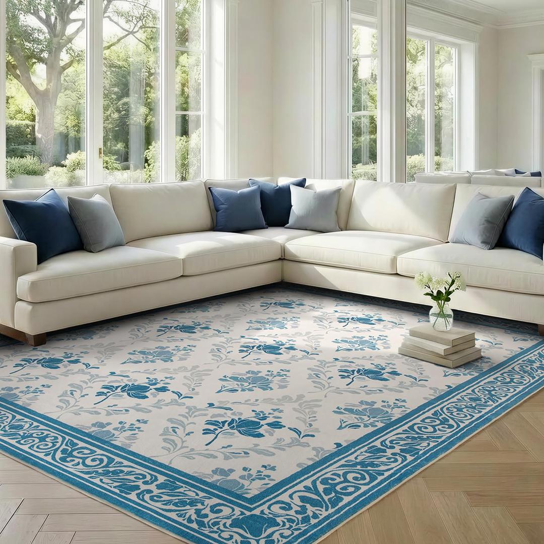 SOULFUL Medium Pile 8x10 Rugs for Living Room - Soft Underfoot Large Area Rug - Blue Boho Floral - Washable Non-Slip - Perfect for Bedroom Kids Room Under Dining Table Office