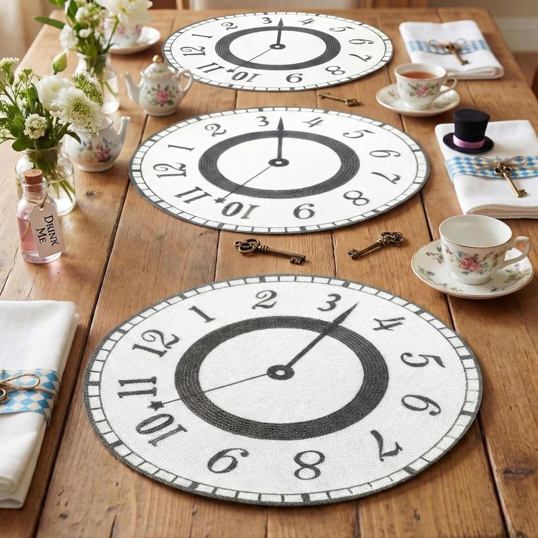 12 Pcs Wonderland Tea Party Decoration Clocks Placemats Party Game Table Non Slip Cup Mats for Dining Kitchen Birthday Baby Shower Decor Supplies