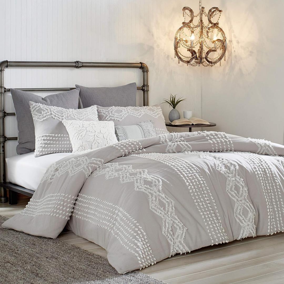 Peri Home Cut Geo 100% Cotton Duvet Cover, Full/Queen, Grey