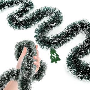 40Ft Christmas Garland - Metallic Twist Tinsel Decorations for Indoor & Outdoor, Ceiling Hanging for New Year (Green)