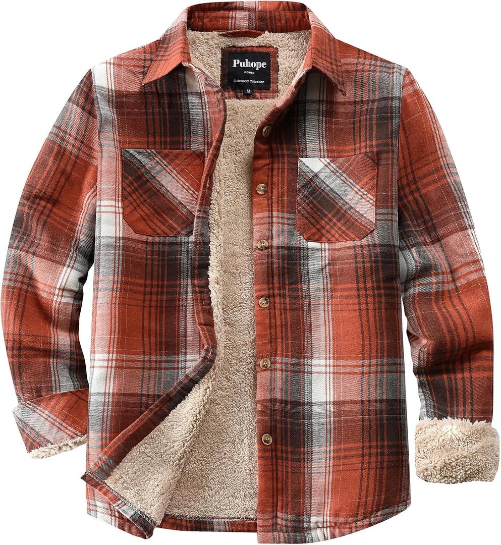 Puhope Womens Sherpa Fleece Lined Flannel Jacket Button Down Plaid Lightweight Flannel Shirt Jacket Women Orange Small