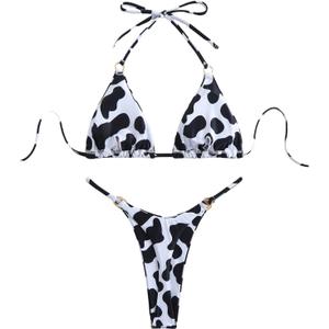 WDIRARA Women's 2 Pieces Cow Print Bikini Set Halter Swimsuit High Cut Bathing Suit, Mediu