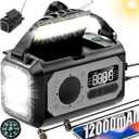 44400mWh/12000mAh Emergency Radio, Hand Crank Portable Solar Radio AM/FM/NOAA Weather Radio with 2 Solar Panels,3 Charging Methods,SOS Alarm,Flashlight,Phone Charger,Compass,Reading Lamp