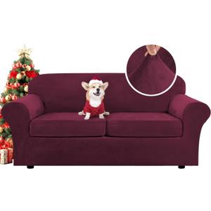 H.VERSAILTEX Real Velvet Plush 3 Piece Stretch Sofa Covers Couch Covers for 2 Cushion Couch Sofa Slipcovers Width Up to 90 Inch Feature Thick Soft Stay in Place (Large Sofa, Burgundy)