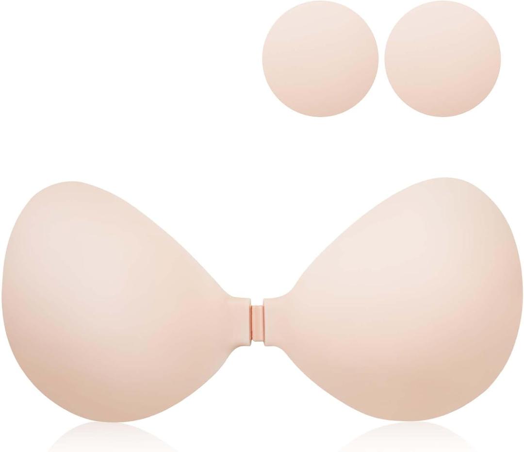 Sticky Adhesive Strapless Bra - Push Up Silicone Backless Bra - Invisible No Show for Backless Dresses - Reusable (Beige)