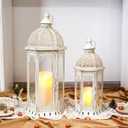 JHY DESIGN Set of 2 Decorative Candle Lanterns 22"&17" H Outdoor Vintage Metal Candle Holder for Garden Living Room Indoor Parties Weddings Patio Home Decor(White with Gold Brush)