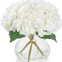 PISARRY Artificial Hydrangea Flowers with Glass Vase, White Silk Fake Floral Arrangement for Dining, Coffee Table Centerpieces Decoration, Aesthetic Faux Plants for Shelf, Bookshelf, Bathroom