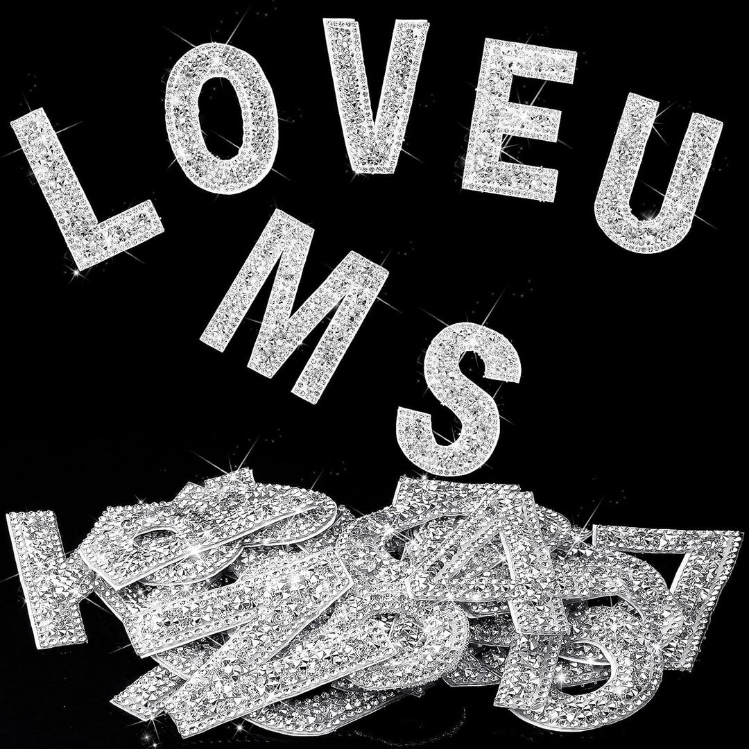 WILLBOND 37 Pieces Rhinestone Letter Stickers Large Glitter Alphabet Crystal Number Self Adhesive Bling Stickers Iron on Letters for Art Crafts Clothing DIY Decors(White,2.56 Inch)