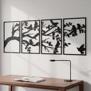 AMAATE 4Pcs Black Metal Tree of Life Bird Hollow Wall Sculpture Decor Set | Matte black Tree of Life hollow metal wall art, bird silhouettes, easy install, natural decor for living room & bedroom