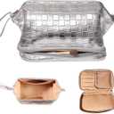 Abiudeng Large Capacity Makeup Bag Ladies Cosmetic Bag Travel Bag with Compartments Portable PU Leather Travel Makeup Bag with Handle (Checkerboard-Silver)