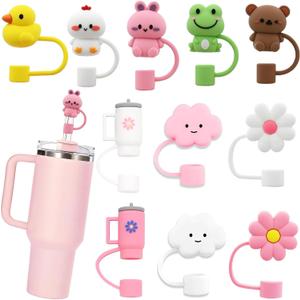 LDKEDKF 9Pcs Straw Cover for Stanley Cup, Silicone Straw Topper for Stanley Cup 30&40oz with Tumblers, 10mm 0.4in Lid Accessories (Reusable) (001-Pink,White,Yellow,Brown)