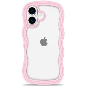 Anuck for iPhone 16 Plus Case Wavy Edge Clear Back Design, Anti-Slip Grip Cute Wave Curly Frame Shape Shockproof Soft TPU & Hard Bumper Protective Phone Case Cover for Women Girls, Pink, et of 2