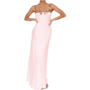 Sexy Satin Spaghetti Strap Floral Embroidered Maxi Dress for Women Sweetheart Neckline Backless Sleeveless Slit Midi Dress (Small, Pink)